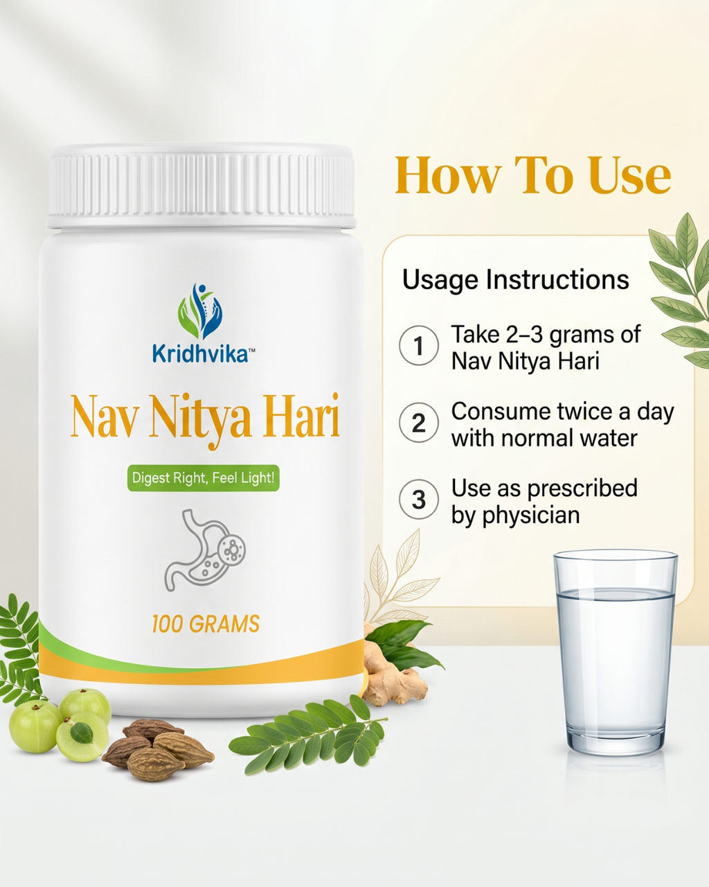 KRIDHVIKA NAV NITYA HARI Ayurvedic Digestive & Kabja Care Powder for Stomach Wellness and Gut Support | Helps Maintain Easy Bowel Movement | Use 2–3 gm with Warm Water | 100 gm