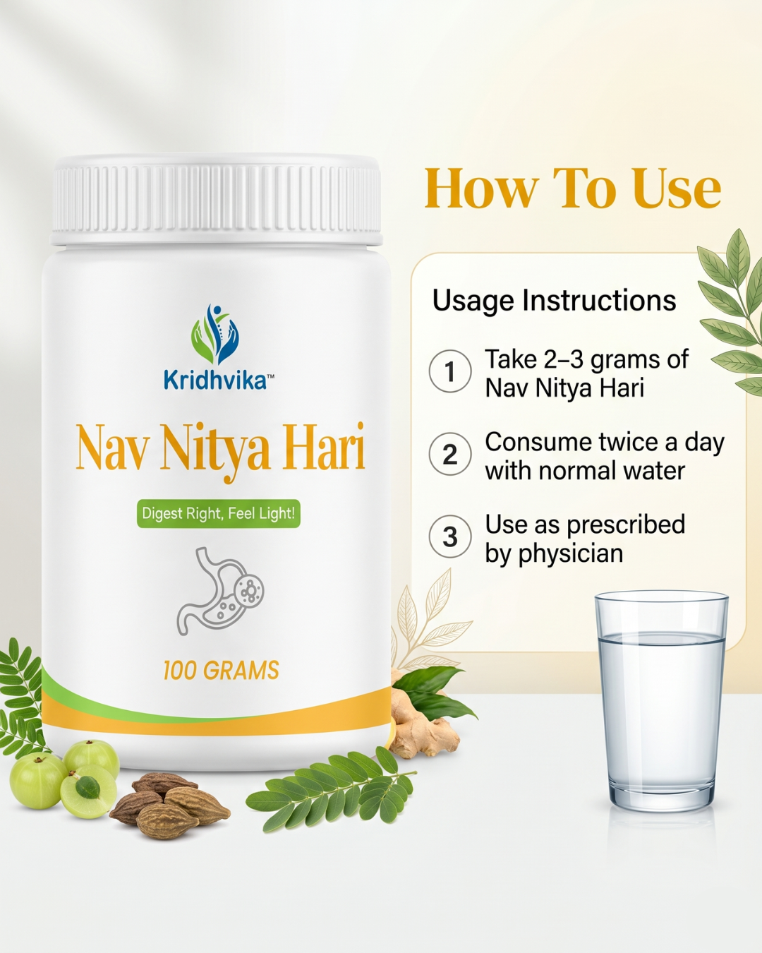 KRIDHVIKA NAV NITYA HARI Ayurvedic Digestive & Kabja Care Powder for Stomach Wellness and Gut Support | Helps Maintain Easy Bowel Movement | Use 2–3 gm with Warm Water | 100 gm