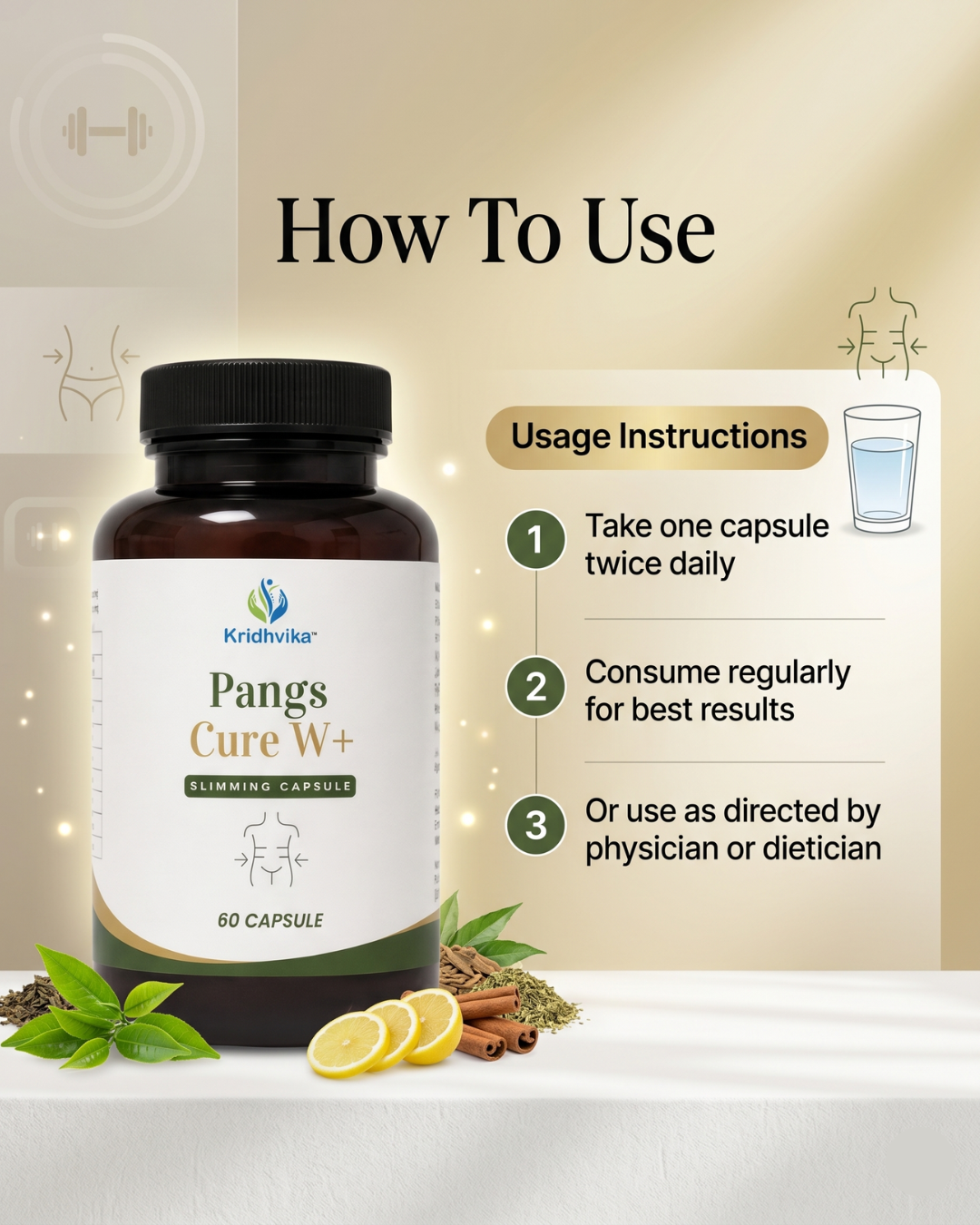 KRIDHVIKA PANGWS CURE W+ Ayurvedic Slimming Support Capsules for Daily Fitness & Wellness | Herbal Weight Management Formula | Use for 3 Months for Better Results | 60 Capsules
