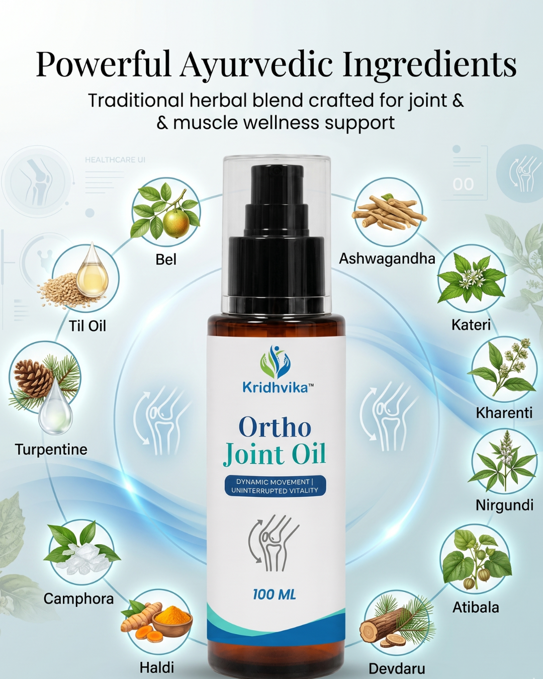 KRIDHVIKA ORTHO JOINT OIL Ayurvedic Pain Relief Massage Oil for Joint, Knee & Muscle Comfort | Fast Absorption Herbal Formula | Apply Gently on Affected Area | 100 ml