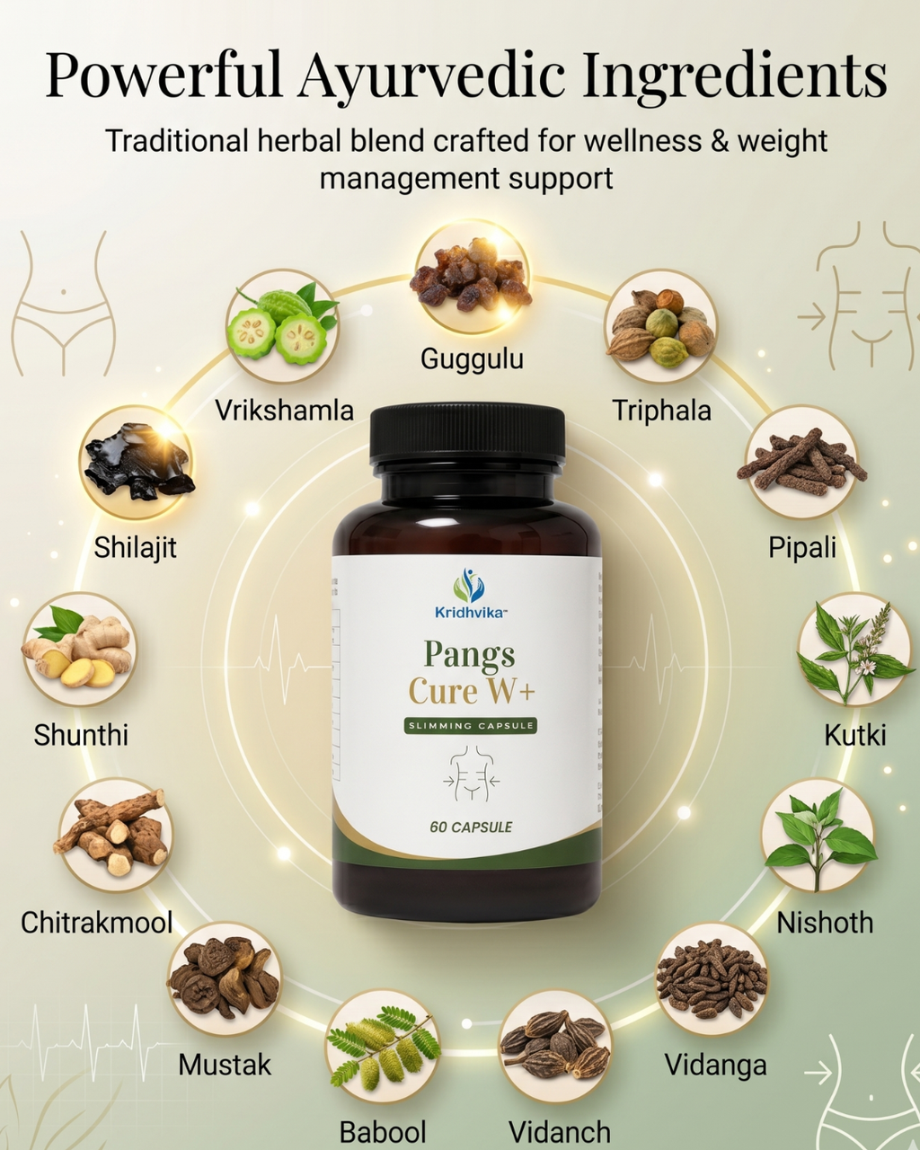 KRIDHVIKA PANGWS CURE W+ Ayurvedic Slimming Support Capsules for Daily Fitness & Wellness | Herbal Weight Management Formula | Use for 3 Months for Better Results | 60 Capsules