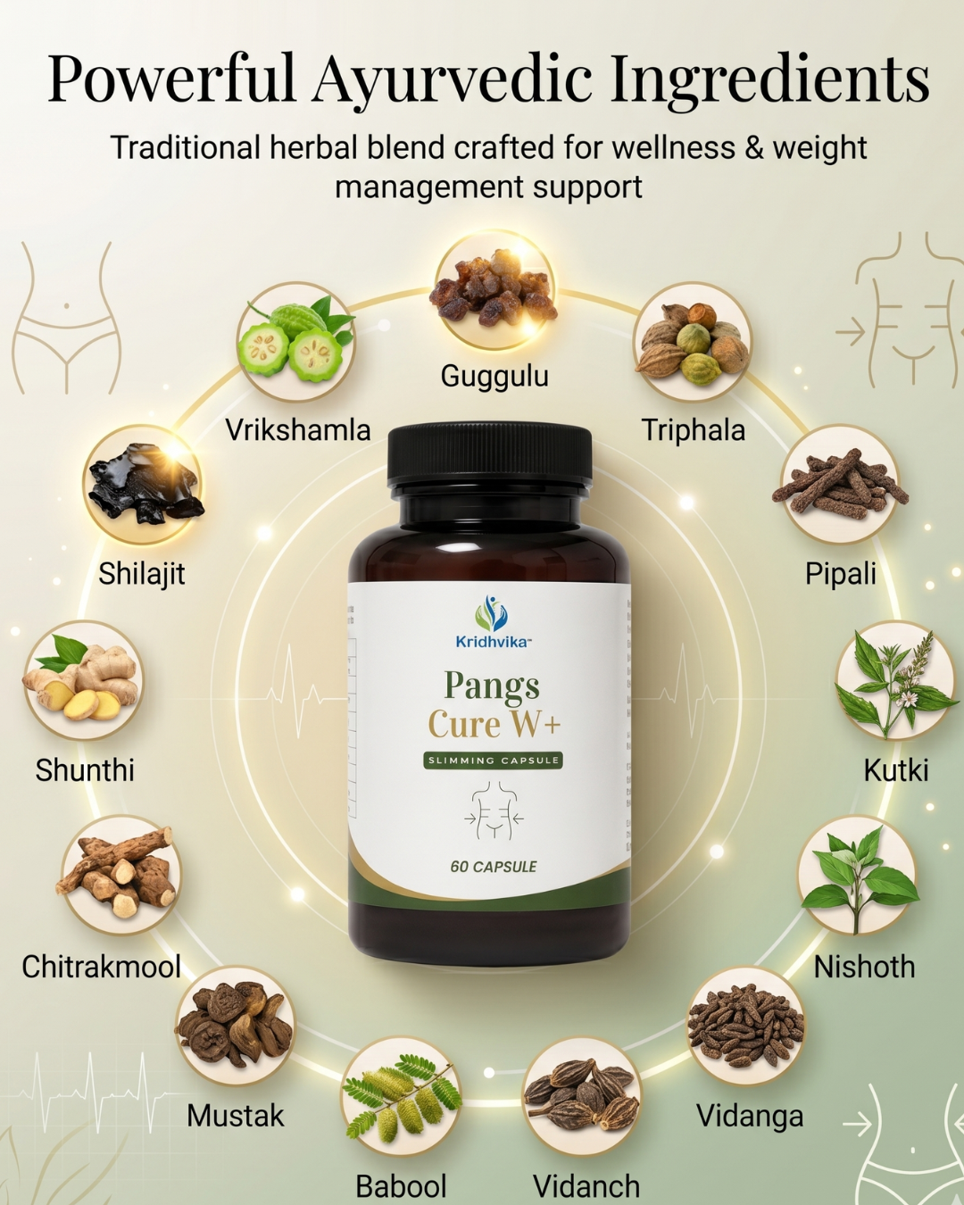 KRIDHVIKA PANGWS CURE W+ Ayurvedic Slimming Support Capsules for Daily Fitness & Wellness | Herbal Weight Management Formula | Use for 3 Months for Better Results | 60 Capsules