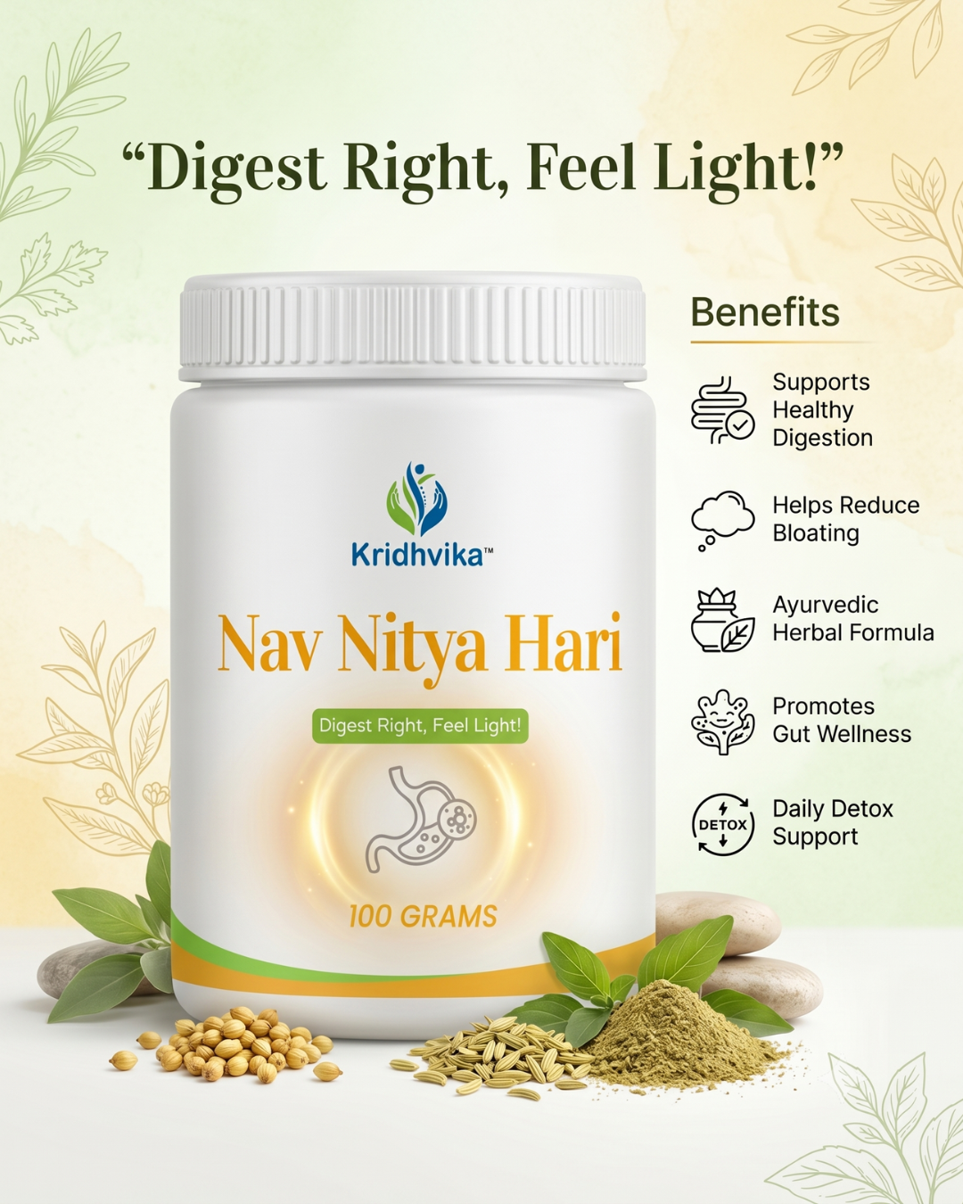 KRIDHVIKA NAV NITYA HARI Ayurvedic Digestive & Kabja Care Powder for Stomach Wellness and Gut Support | Helps Maintain Easy Bowel Movement | Use 2–3 gm with Warm Water | 100 gm