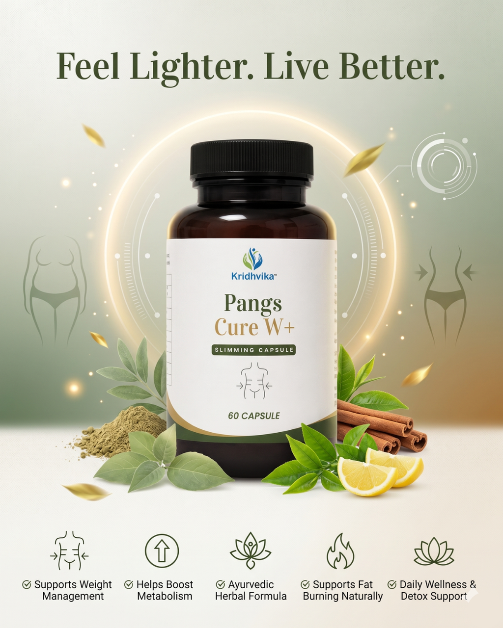 KRIDHVIKA PANGWS CURE W+ Ayurvedic Slimming Support Capsules for Daily Fitness & Wellness | Herbal Weight Management Formula | Use for 3 Months for Better Results | 60 Capsules